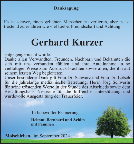 Traueranzeige von Gerhard Kurzer von Thüringer Allgemeine, Thüringische Landeszeitung