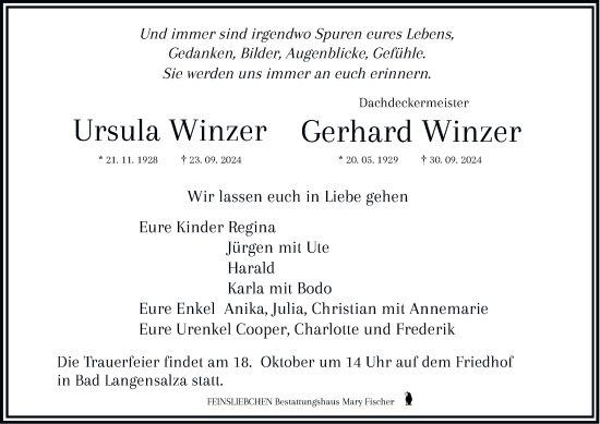 Traueranzeige von Gerhard Winzer von Thüringer Allgemeine, Thüringische Landeszeitung