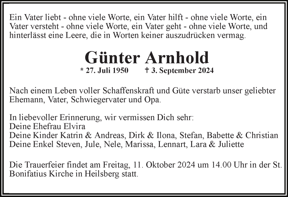  Traueranzeige für Günter Arnhold vom 05.10.2024 aus Ostthüringer Zeitung