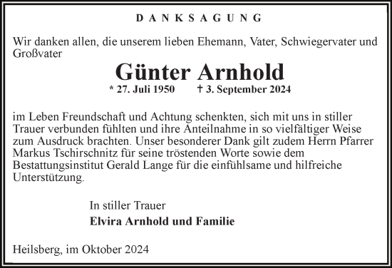 Traueranzeige von Günter Arnhold von Ostthüringer Zeitung