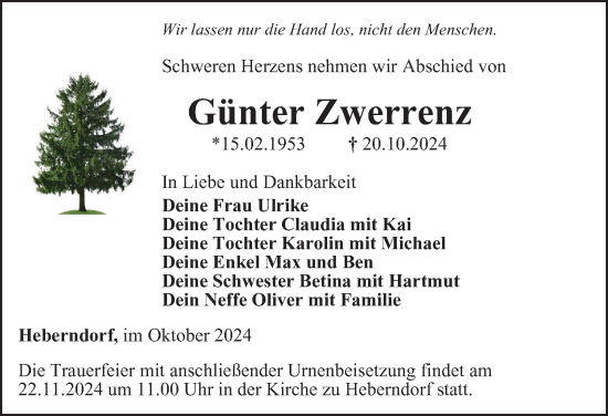 Traueranzeige von Günter Zwerrenz von Ostthüringer Zeitung