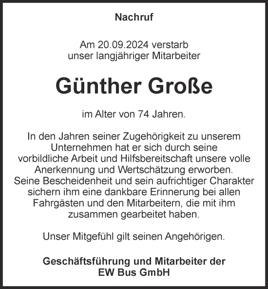 Traueranzeige von Günther Große von Thüringer Allgemeine