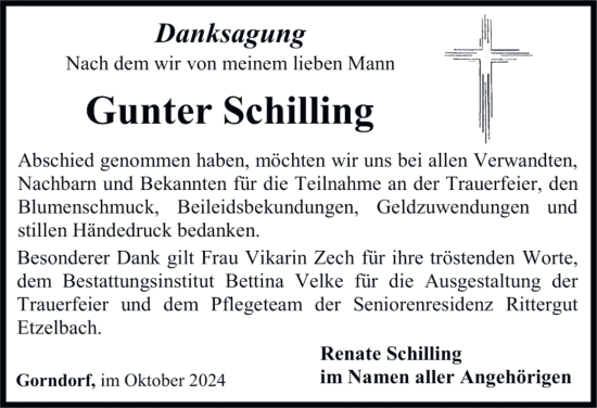 Traueranzeige von Gunter Schilling von Ostthüringer Zeitung