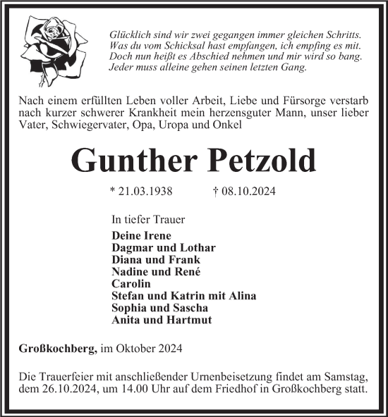 Traueranzeige von Gunther Petzold von Ostthüringer Zeitung