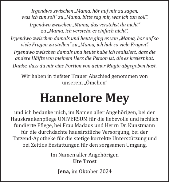 Traueranzeige von Hannelore Mey von Ostthüringer Zeitung, Thüringische Landeszeitung