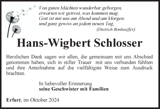 Traueranzeige von Hans-Wigbert Schlosser von Thüringer Allgemeine, Thüringische Landeszeitung