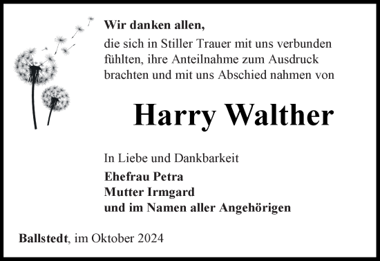 Traueranzeige von Harry Walther von Thüringer Allgemeine