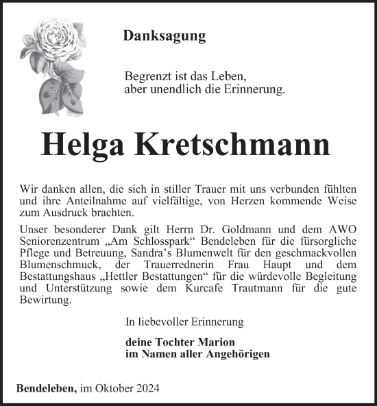 Traueranzeige von Helga Kretschmann von Thüringer Allgemeine