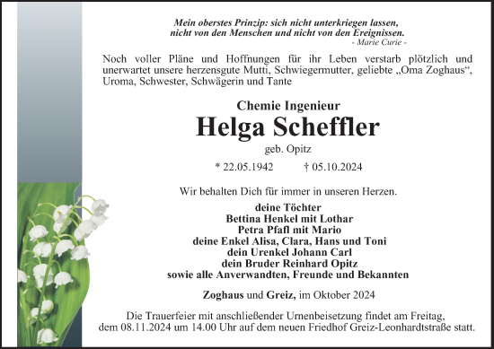 Traueranzeige von Helga Scheffler von Ostthüringer Zeitung