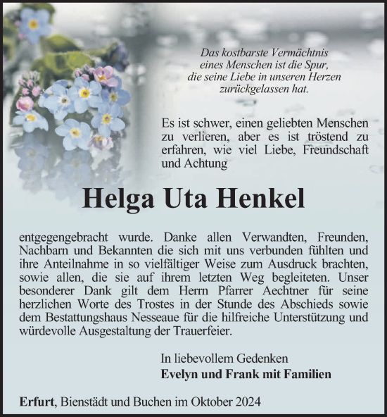 Traueranzeige von Helga Uta Henkel von Thüringer Allgemeine, Thüringische Landeszeitung