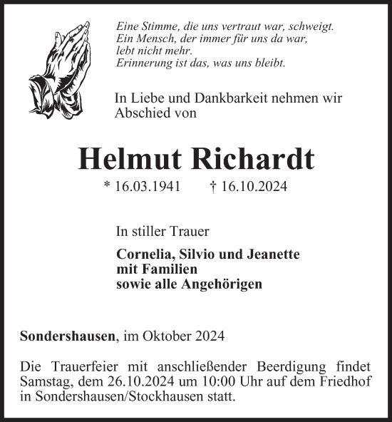 Traueranzeige von Helmut Richardt von Thüringer Allgemeine