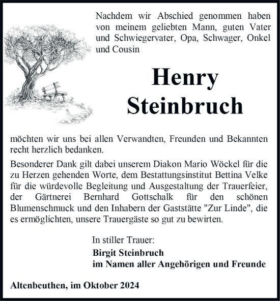 Traueranzeige von Henry Steinbruch von Ostthüringer Zeitung