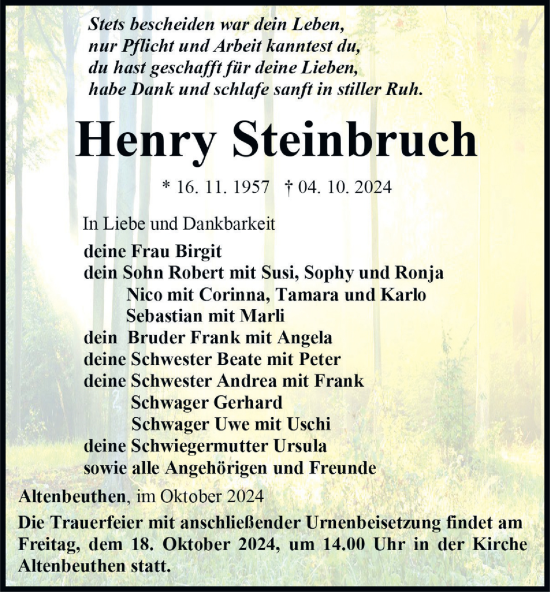 Traueranzeige von Henry Steinbruch von Ostthüringer Zeitung