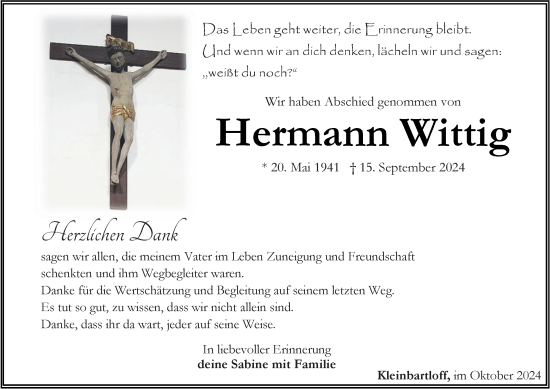 Traueranzeige von Hermann Wittig von Thüringer Allgemeine
