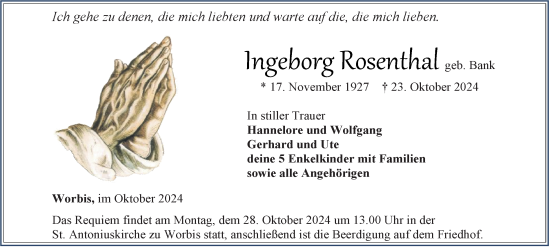 Traueranzeige von Ingeborg Rosenthal von Thüringer Allgemeine