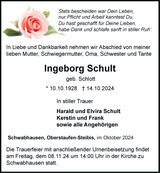 Traueranzeige von Ingeborg Schult von Thüringer Allgemeine, Thüringische Landeszeitung