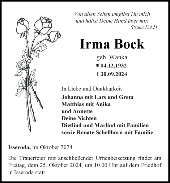 Traueranzeige von Irma Bock von Thüringer Allgemeine, Thüringische Landeszeitung