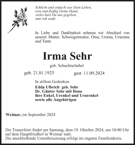 Traueranzeige von Irma Sehr von Thüringer Allgemeine, Thüringische Landeszeitung