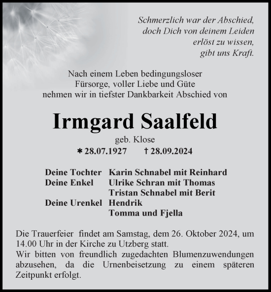 Traueranzeige von Irmgard Saalfeld von Thüringer Allgemeine, Thüringische Landeszeitung