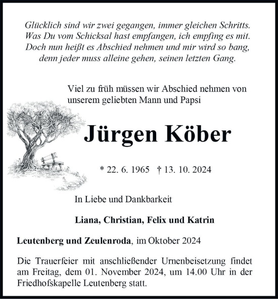 Traueranzeige von Jürgen Köber von Ostthüringer Zeitung