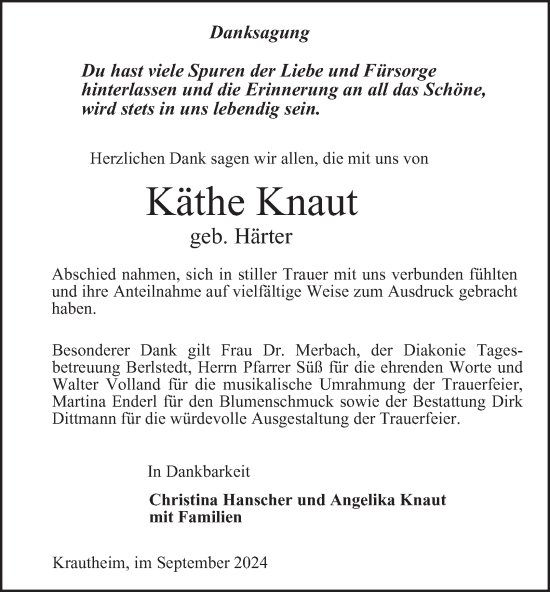 Traueranzeige von Käthe Knaut von Thüringer Allgemeine, Thüringische Landeszeitung