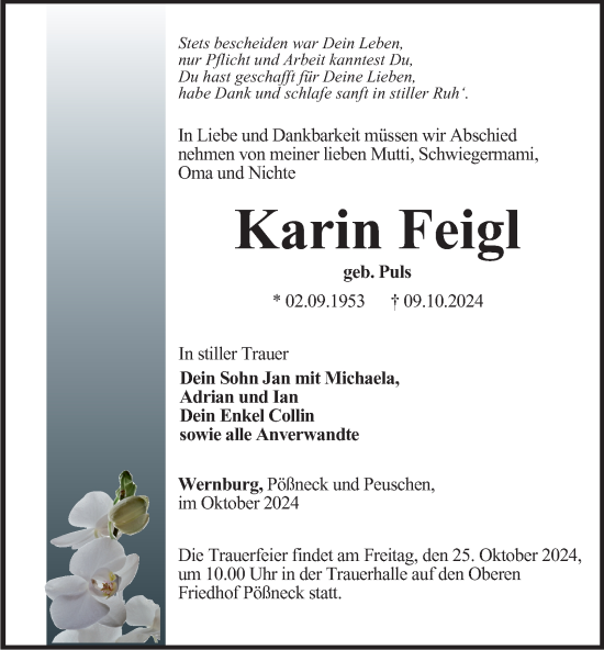 Traueranzeige von Karin Feigl von Ostthüringer Zeitung