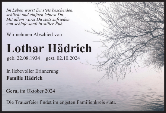 Traueranzeige von Lothar Hädrich