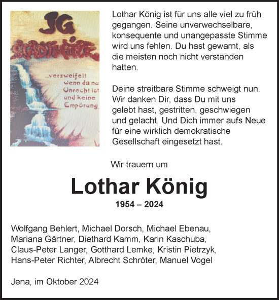 Traueranzeige von Lothar König von Ostthüringer Zeitung, Thüringische Landeszeitung