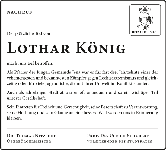 Traueranzeige von Lothar König von Ostthüringer Zeitung, Thüringische Landeszeitung