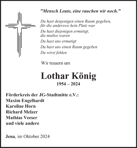 Traueranzeige von Lothar König von Ostthüringer Zeitung, Thüringische Landeszeitung