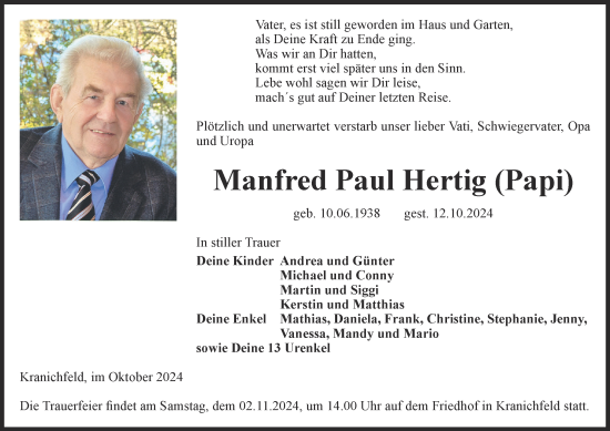 Traueranzeige von Manfred Paul Hertig von Thüringer Allgemeine, Thüringische Landeszeitung