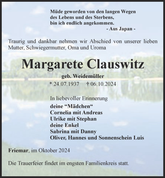 Traueranzeige von Margarete Clauswitz von Thüringer Allgemeine, Thüringische Landeszeitung