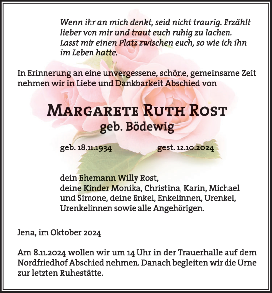 Traueranzeige von Margarete Ruth Rost von Ostthüringer Zeitung, Thüringische Landeszeitung