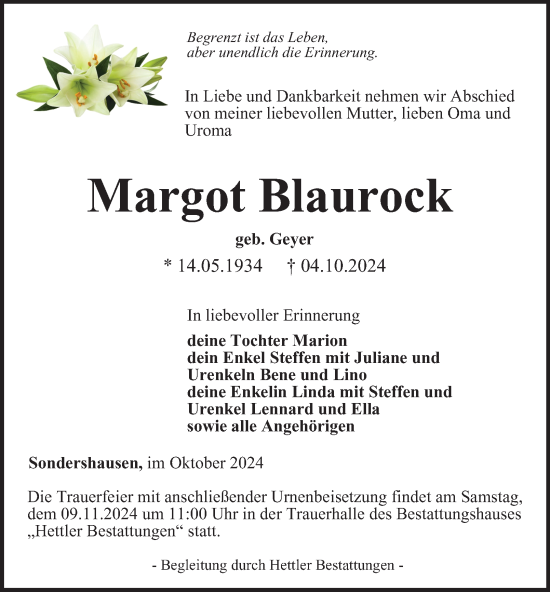 Traueranzeige von Margot Blaurock von Thüringer Allgemeine