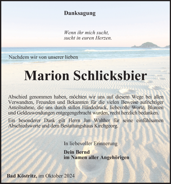 Traueranzeige von Marion Schlicksbier von Ostthüringer Zeitung