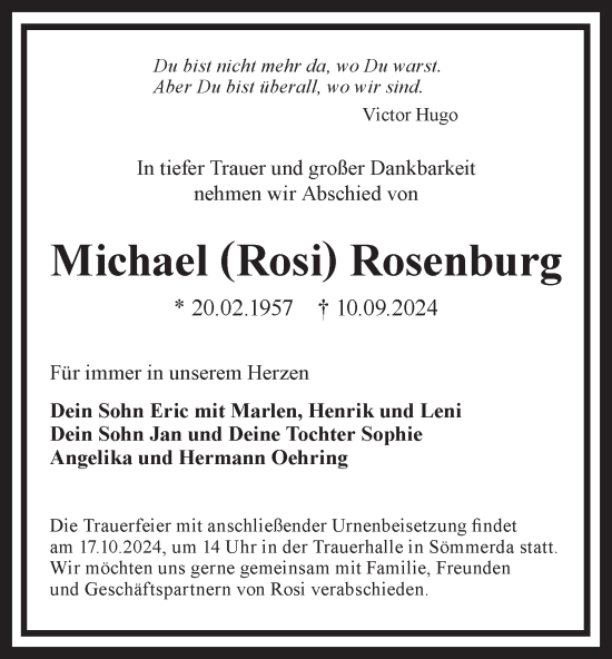 Traueranzeige von Michael Rosenburg von Thüringer Allgemeine, Thüringische Landeszeitung