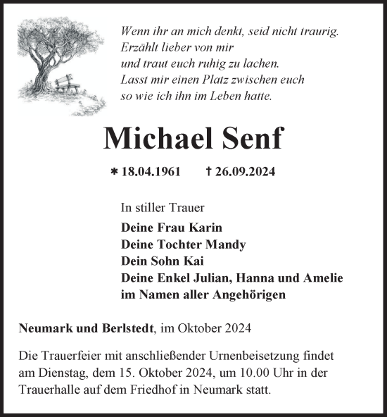 Traueranzeige von Michael Senf von Thüringer Allgemeine, Thüringische Landeszeitung
