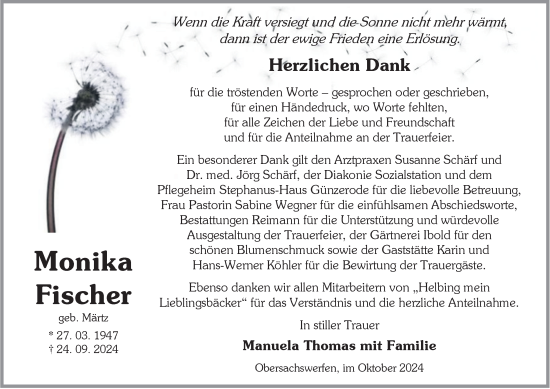 Traueranzeige von Monika Fischer von Thüringer Allgemeine