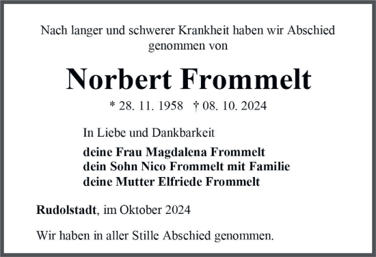 Traueranzeige von Norbert Frommelt von Ostthüringer Zeitung