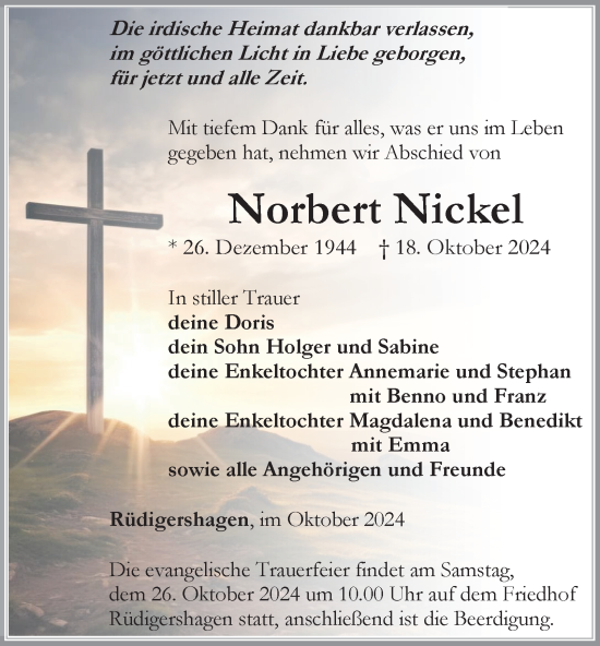 Traueranzeige von Norbert Nickel von Thüringer Allgemeine