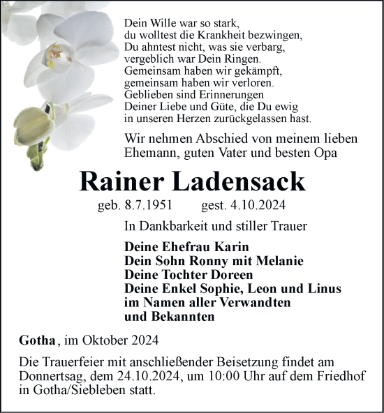 Traueranzeige von Rainer Ladensack von Thüringer Allgemeine, Thüringische Landeszeitung