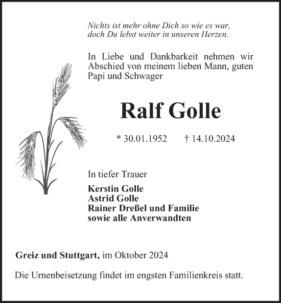 Traueranzeige von Ralf Golle von Ostthüringer Zeitung