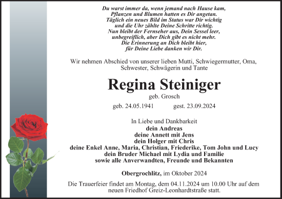 Traueranzeige von Regina Steiniger