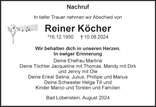 Traueranzeige von Reiner Köcher von Ostthüringer Zeitung