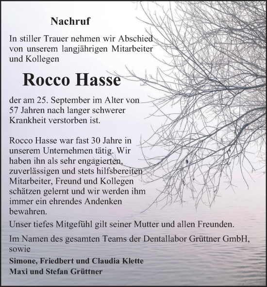 Traueranzeige von Rocco Hasse von Ostthüringer Zeitung