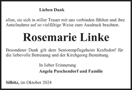 Traueranzeige von Rosemarie Linke von Ostthüringer Zeitung