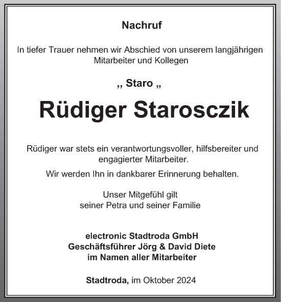 Traueranzeige von Rüdiger Starosczik von Ostthüringer Zeitung