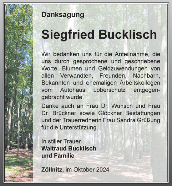 Traueranzeige von Siegfried Bucklisch von Ostthüringer Zeitung, Thüringische Landeszeitung