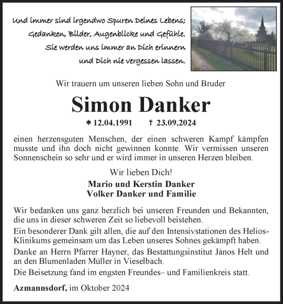 Traueranzeige von Simon Danker von Thüringer Allgemeine, Thüringische Landeszeitung