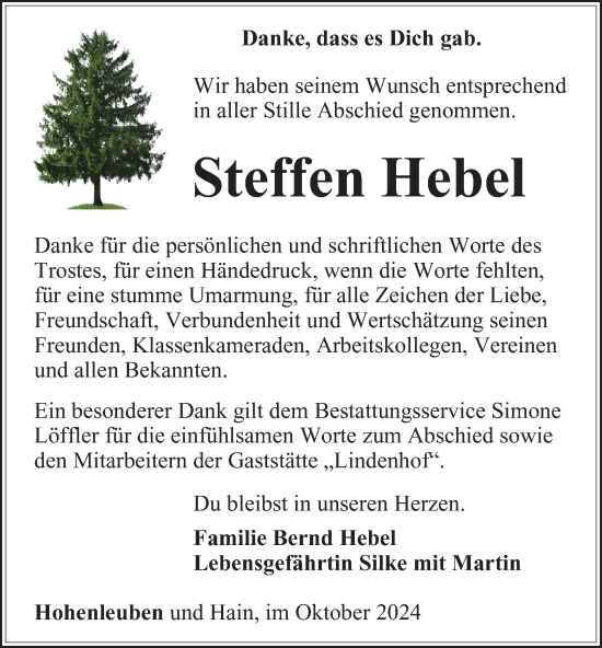 Traueranzeige von Steffen Hebel von Ostthüringer Zeitung